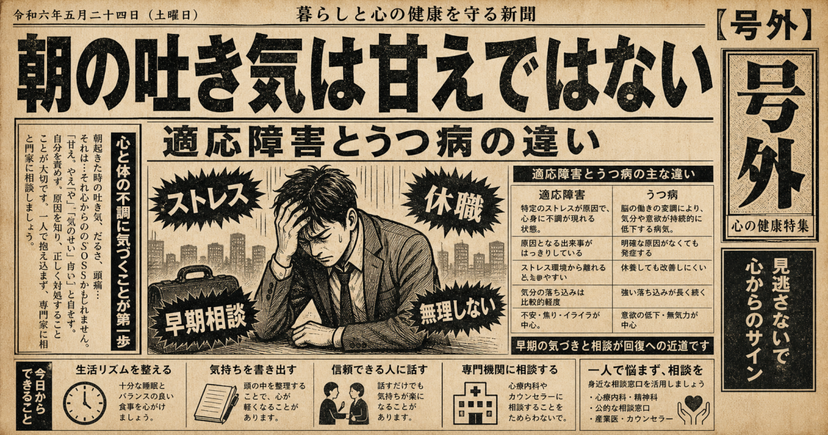 朝の吐き気は甘え？適応障害とうつ病の違いと放置で悪化するリスク